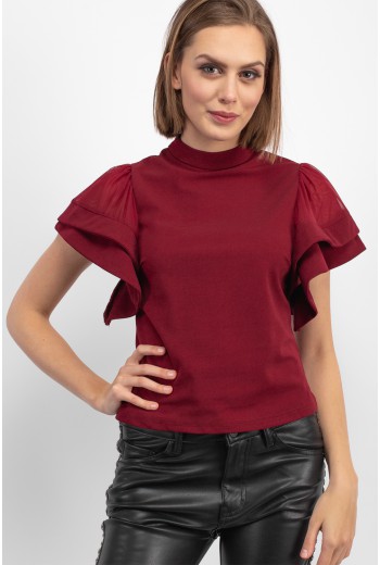 Flutter sleeve top in burgundy